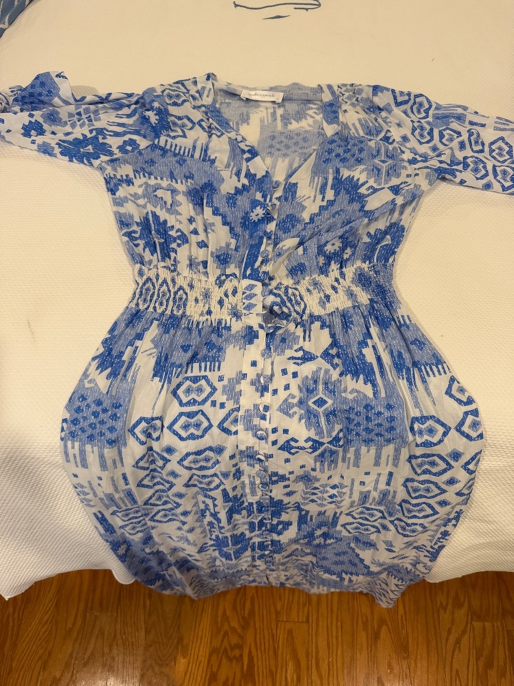 Smocked Waist Blue & White Maxi Dress